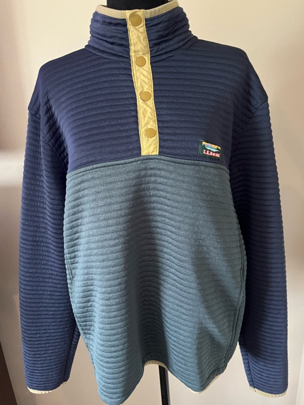 LL Bean Airlight knit Pullover Snap Fleece Sz Lg Blue Green Textured Sweatshirt